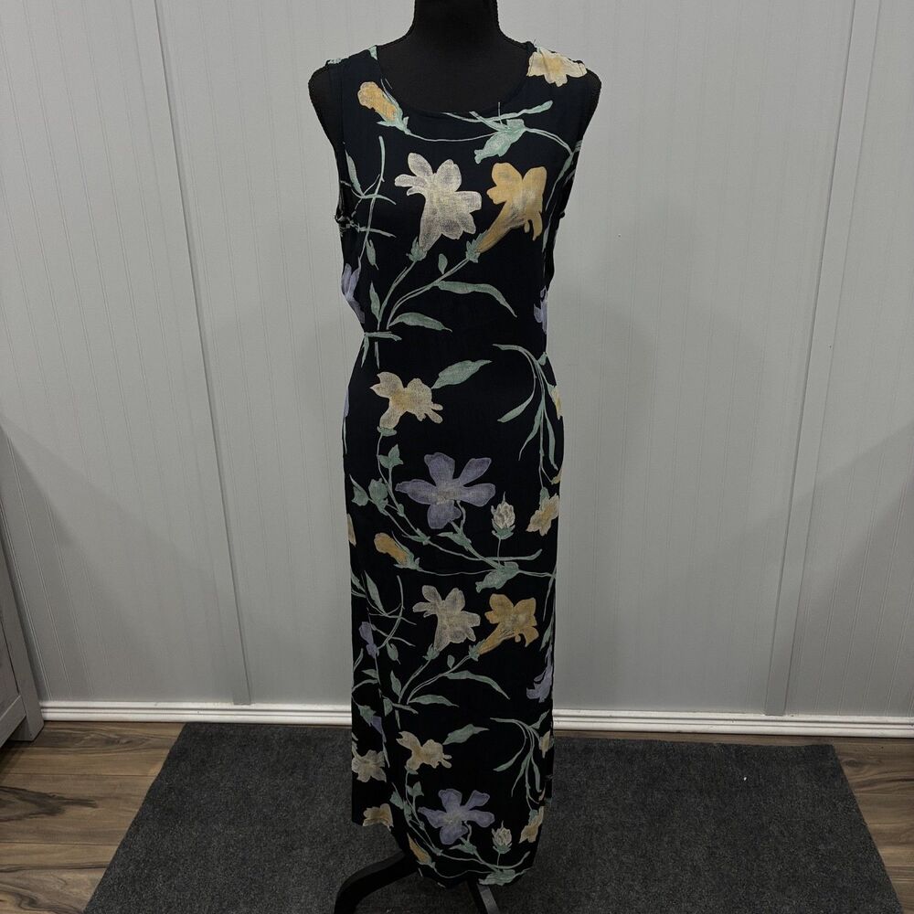 VTG 90's Dressing Clio Women's Medium Black Floral Rayon Maxi Pencil Dress